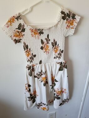 Rue21 White Smocked Floral Dress with Yellow Rose Print